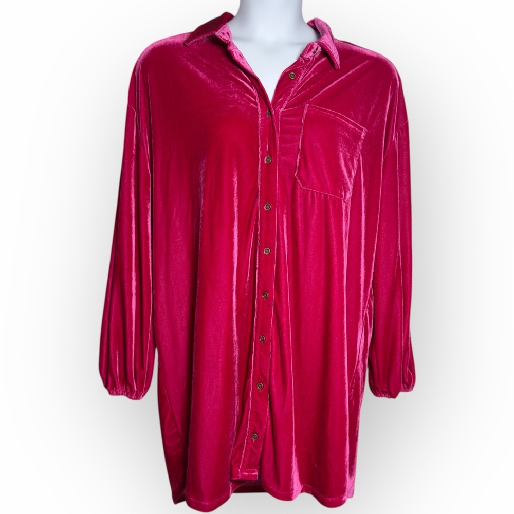 Entro Velvet Button-Up Shirt Dress in Vibrant‎ Pink Velour